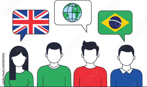 People speaking different languages with speech bubbles and flags, global communication and multicultural conversation concept isolated vector illustration design