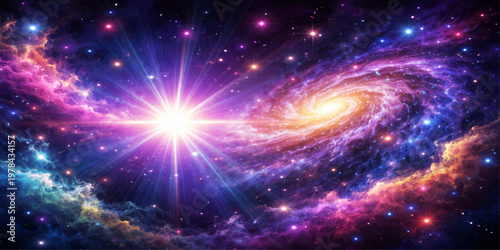 An abstract dark blue cosmos background featuring a bright astral nebula and glowing stars scattered across the vast outer space universe