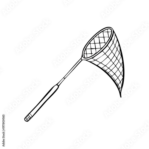 Hand drawn sketch of a fishing net on a long pole with a netted hoop