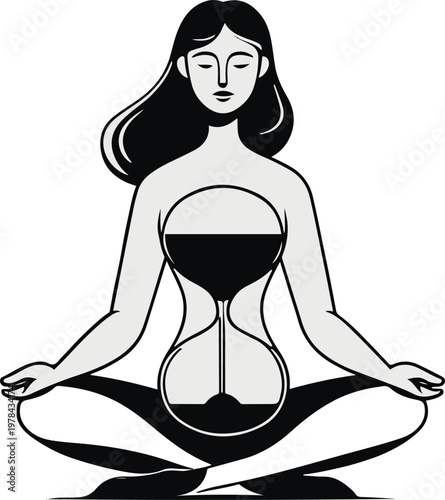 Human sitting cross legged with body shaped like hourglass, time concept, flat vector illustration, bold thick black outline, minimal shapes, white background 1