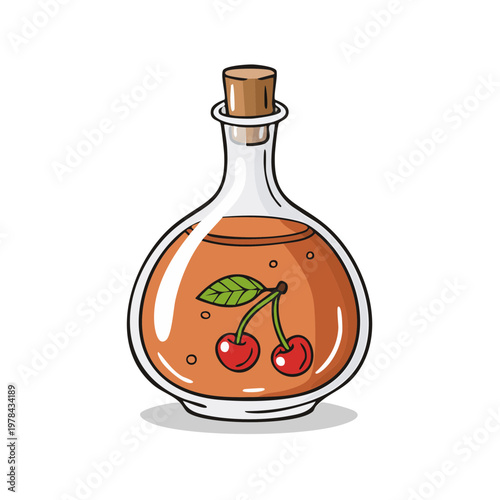 Glass bottle with cork stopper containing a beverage with cherries and leaves illustration