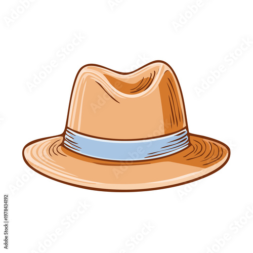 Classic fedora hat with a light blue band in a simple illustration style