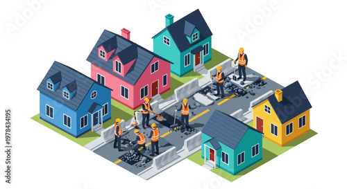 Isometric illustration of workers constructing road with colorful houses nearby