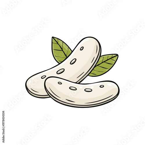 Two creamy white kidney beans with green leaves in a simple cartoon illustration style