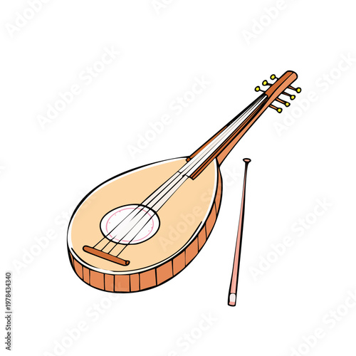 Illustration of a stringed instrument with a pick against a white background