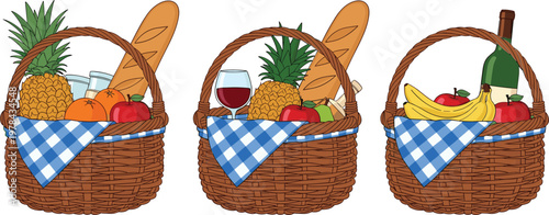 Picnic baskets with food, wine and fruits, outdoor summer meal collection isolated vector illustration for travel, leisure and lifestyle design