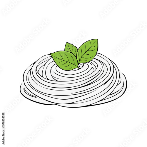 Simple line drawing of a nest of pasta topped with fresh green basil leaves