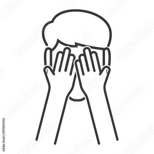 Isolated outline illustration of face covered with two hands representing shyness, embarrassment, shame, and emotional expression in social interaction context