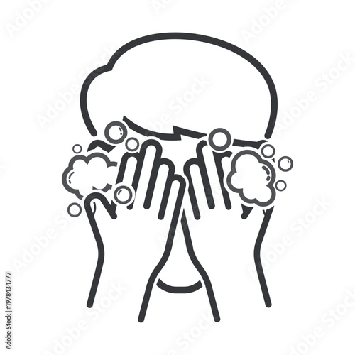 Isolated outline illustration of person washing face with soap foam, hands covering face, representing skincare routine, hygiene, and facial cleansing activity