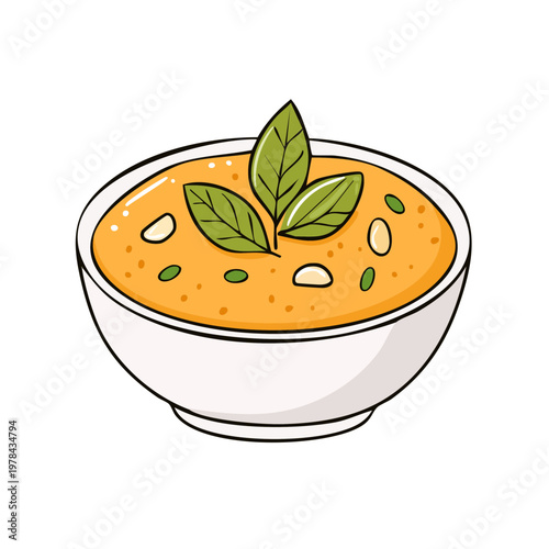 Bowl of creamy soup garnished with fresh basil leaves and small diced vegetables