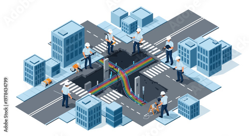 Isometric illustration of people working on a city street with various connections and buildings