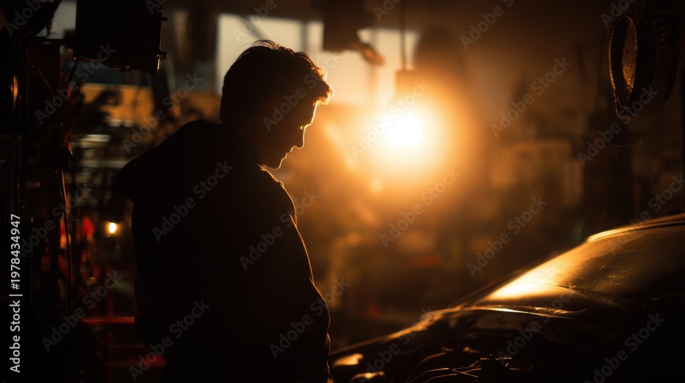 Fototapeta premium mechanic working late in garage alone, soft warm lamp light, emotional atmosphere, car silhouette in background, cinematic shadows, space