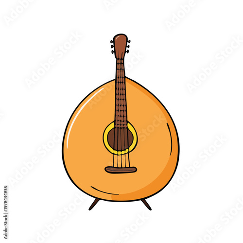 Cartoon style round acoustic instrument with strings and frets on small legs