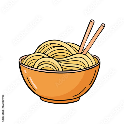 Delicious Hand Drawn Asian Noodles in an Orange Bowl with Chopsticks