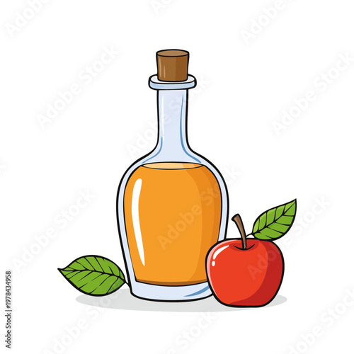 Clear glass bottle filled with golden apple cider vinegar and red apple with leaves
