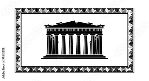 Black and white Greek temple illustration.