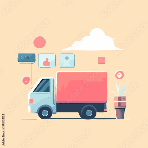 E-Commerce Delivery Truck with Social Media Icons Illustrations – Logistics & Online Shopping Design for Social Media, Marketing & Digital Projects