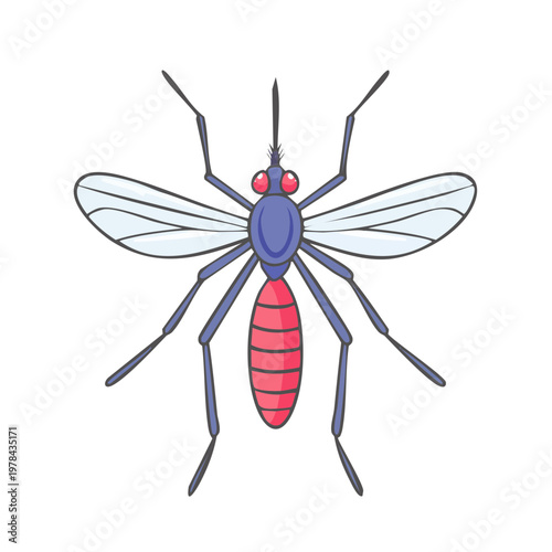 Cartoon illustration of a mosquito with purple body red abdomen and transparent wings detailed insect drawing