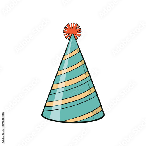 Brightly striped conical party hat with pom-pom on top, festive headwear for celebrations