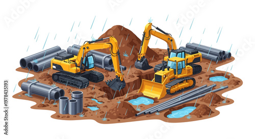 Illustration of two yellow excavators working on a rainy construction site with pipes and a muddy terrain.