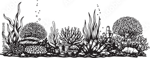 Detailed Underwater Coral Reef Scene, Marine Life Vector Illustration, Aquatic Ecosystem Border, Black and White Sea Flora