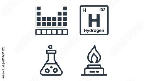 Science Icon Set: A comprehensive collection of science icons, including the periodic table of elements, Hydrogen symbol, a laboratory flask, and a bunsen burner, perfect for any scientific project.