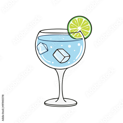 Refreshing Gin and Tonic cocktail with lime and ice cubes in a balloon glass