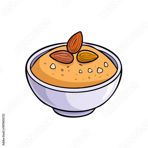 Wholesome bowl of creamy porridge topped with crunchy almonds and small edible decorative pieces