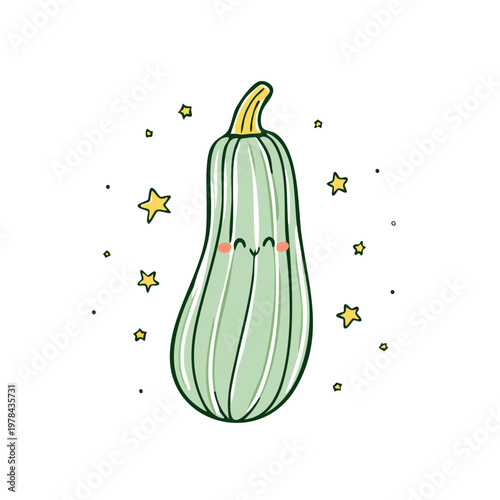 Cheerful cartoon zucchini with starry sparkle and happy face illustration