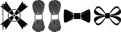 Crafting Supplies Vector Icon Set Featuring Skeins of Yarn Wool Bow Ties and Ribbons in Black Minimalist Silhouette Style Icons