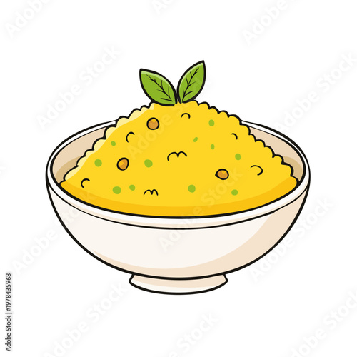 Cartoon bowl of delicious yellow rice with green peas and mint leaves