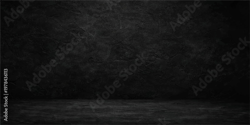A blank vintage grey concrete wall provides a dark textured grunge film background with a dirty stone pattern and empty copy space for a black chalkboard design