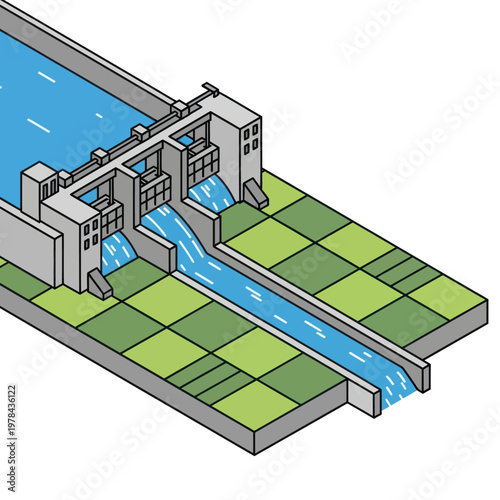 Hydroelectric Dam with Flowing Water Illustration.