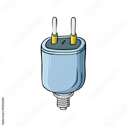 Simple illustration of a light blue electrical plug with two prongs and a threaded base for connection