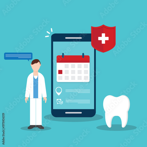 Dental appointment mobile app online booking dentist healthcare insurance protection concept