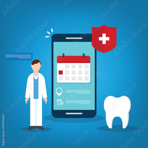 Dental appointment mobile app online booking dentist healthcare insurance protection concept