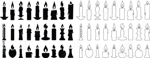 Candle flame icon set collection group, wax, light, fire, lantern, illumination symbols, decorative candles, burning wick shapes in flat and line style black vector illustration isolated