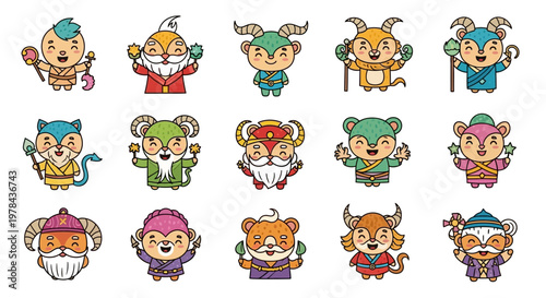 A fun set of cartoon animal icons featuring a cat, bear, lion, dog, and elephant as cute vector character illustrations for kids and babies