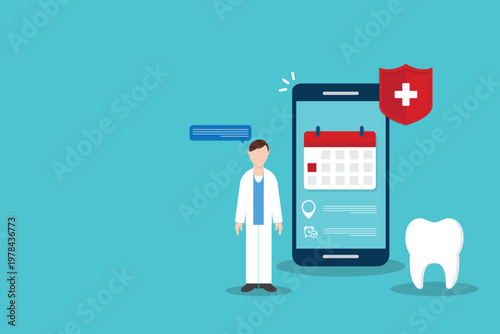 Dental appointment mobile app online booking dentist healthcare insurance protection concept