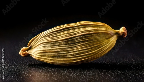 Close-up of a single cardamom pod on a dark surface.