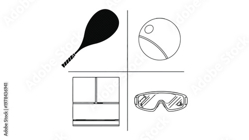 Sports Essentials: An illustrated display of sports equipment, including a tennis racket, ball, diving goggles and Squash court, set against a pristine backdrop, perfect for sports related content.