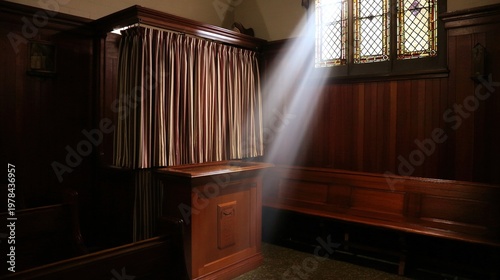 confessional. An empty church confessional with a slightly ajar curtain and a beam of light on the lattice. event programs, museum guides, designed for cultural heritage projects and event programs.