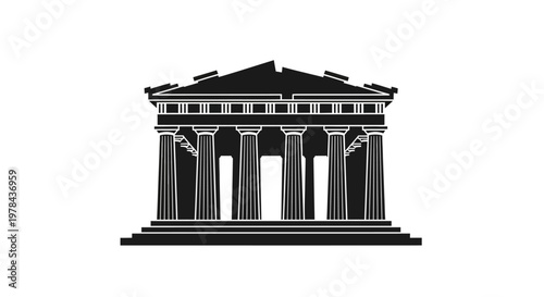 Black and white building with columns.