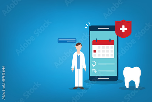 Dental appointment mobile app online booking dentist healthcare insurance protection concept
