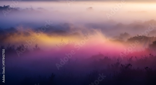 Vibrant fog blending with colorful sunset hues in serene landscape