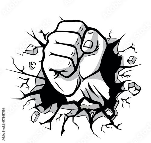 Hand breaks through stone wall. Strong clenched fist punched smashed wall. Vector on transparent background