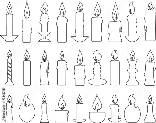 Candle flame icon set collection group, wax, light, fire, lantern, illumination symbols, decorative candles, burning wick shapes in flat and line style black vector illustration isolated