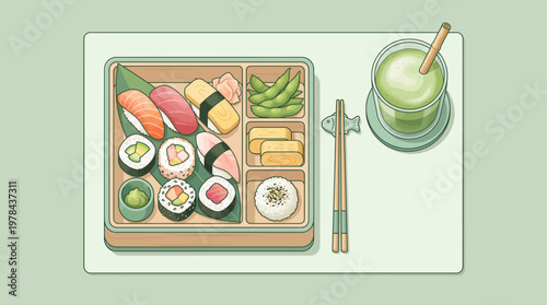 Delicious sushi meal served with green tea in a bento box on a table