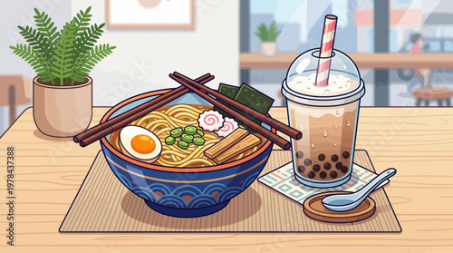A steaming bowl of ramen noodles with egg and chopsticks on a table next to a boba tea drink