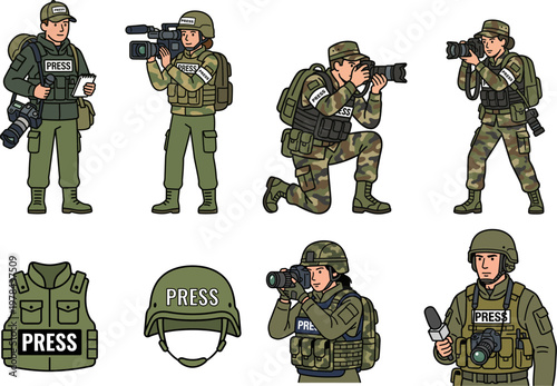 Journalists and war correspondents in protective press gear with cameras and reporting equipment vector set